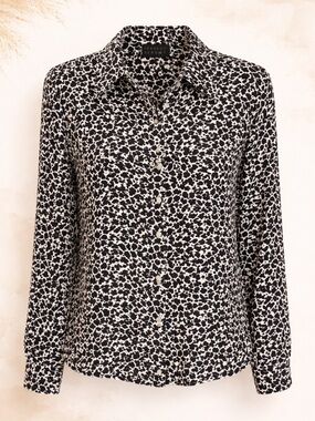 Spense 100% Silk Black & Gray Animal Print Blouse | Button Front Top | Size S